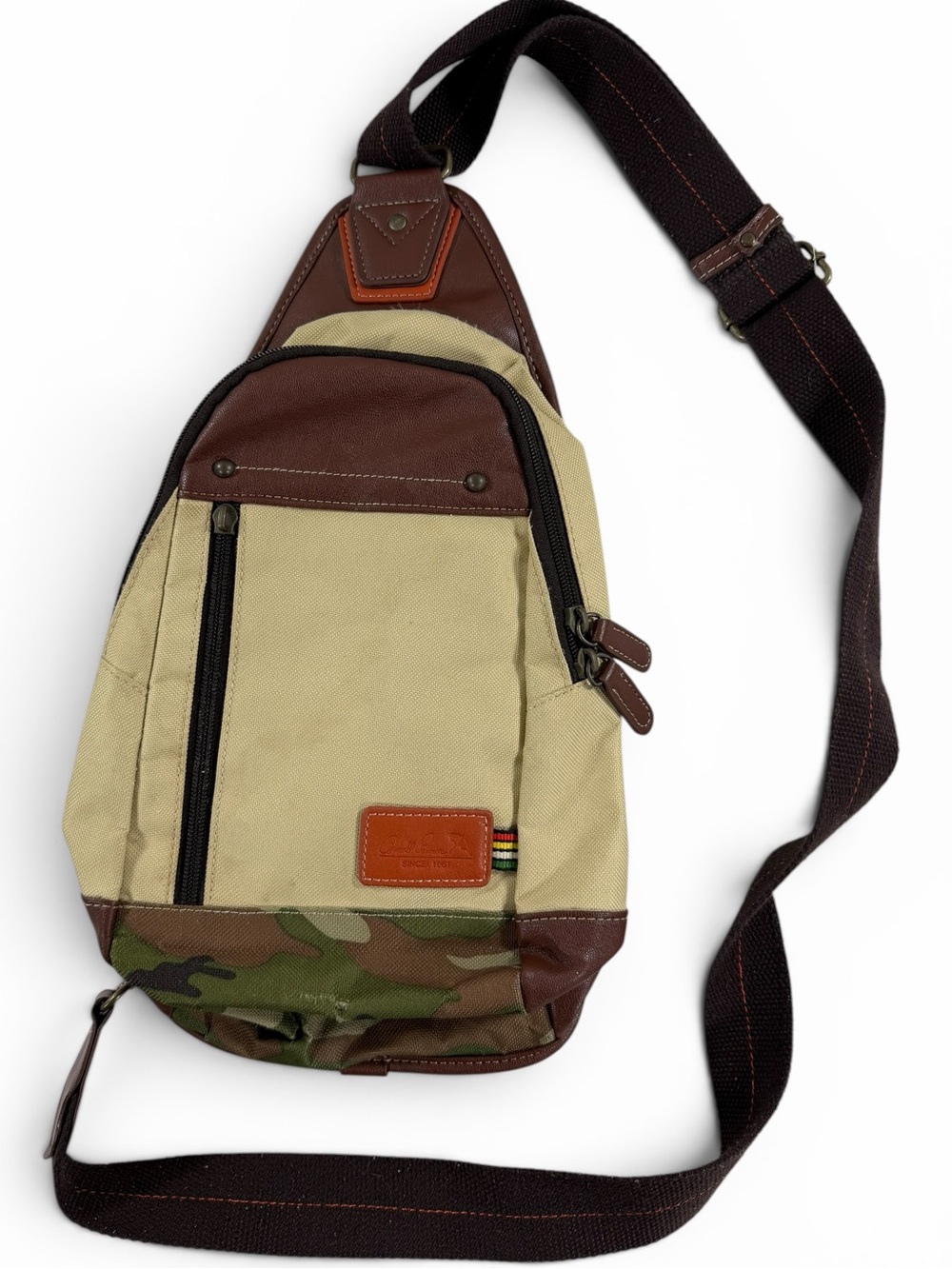 Arnold Palmer Canvas Sling Backpack Crossbody Bag Camo Trim Beige Brown